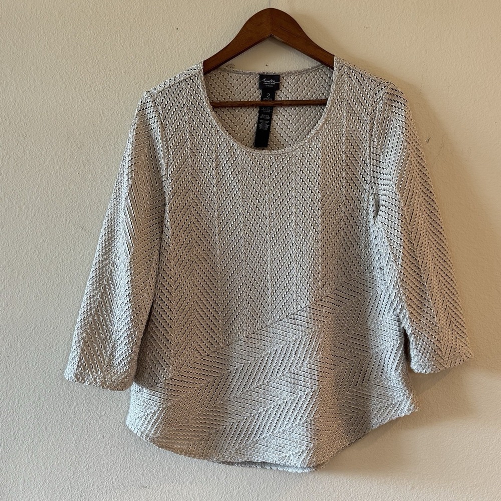 Chico's Travelers Open Knit Crochet Top Beige Mesh Boho Tunic Chico's Size 2 Lg‎